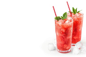 Summer watermelon mocktail in two glasses with ice and straw.