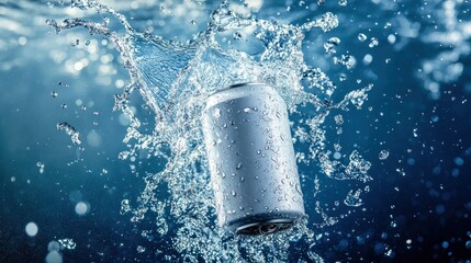 Aluminum can submerged in splashing water.
