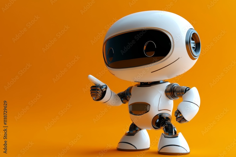 Poster a cute and happy robot gesturing at space, a cheerful and friendly robot showing the direction. 3d r