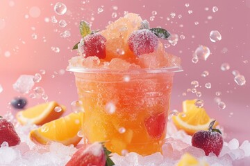 Refreshing fruit slushie in disposable cup on pink background.