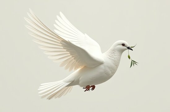 Dove with olive branch on a white background symbolizes peace and freedom.