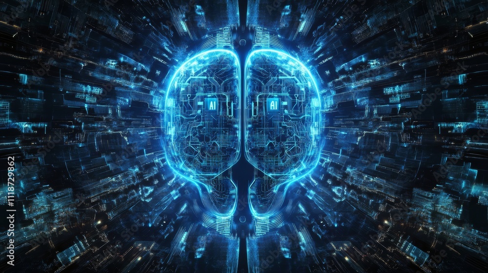 Poster advancements in futuristic cyber technology, stock idea, brain connectivity on circuit boards, moder