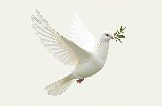 Dove with olive branch on a white background symbolizes peace and freedom. - Powered by Adobe