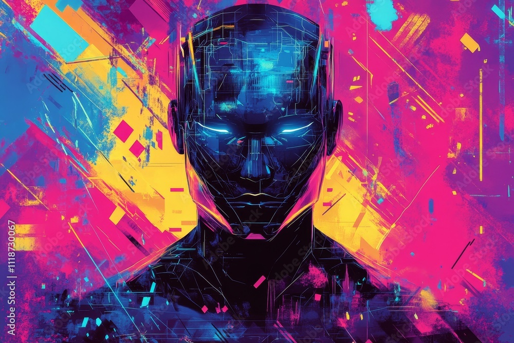 Poster a digital art collage featuring a futuristic robot with abstract geometric patterns. ideal for use i