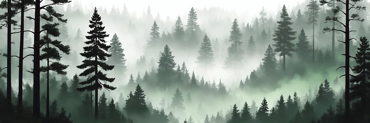 wide panoramic scenery, morning sunrise with colorful cool bluish effect and clouds with bright sky through foggy mountain range and lake landscape, coved with pine forest 