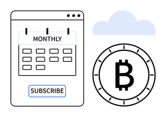 Calendar interface displaying a monthly subscription model beside a Bitcoin symbol and cloud icon. Ideal for financial services, cryptocurrency, fintech, digital services, subscriptions, blockchain