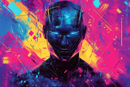 A digital art collage featuring a futuristic robot with abstract geometric patterns. Ideal for use in posters, banners, and social media, it embodies the concept of future technology and futurism.