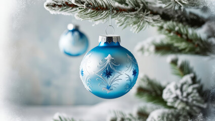 Close-up of a blue painted bauble on a Christmas tree branch. The image captures the delicate ornament's texture and cool-toned color palette, creating a serene festive atmosphere