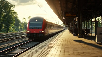 Naklejka premium Modern red train arriving at a platform during sunset.