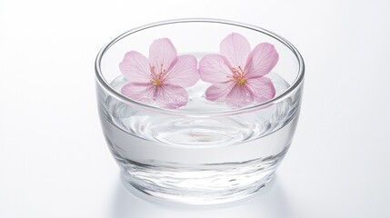 A clear bowl of water with two delicate pink flowers floating on the surface.