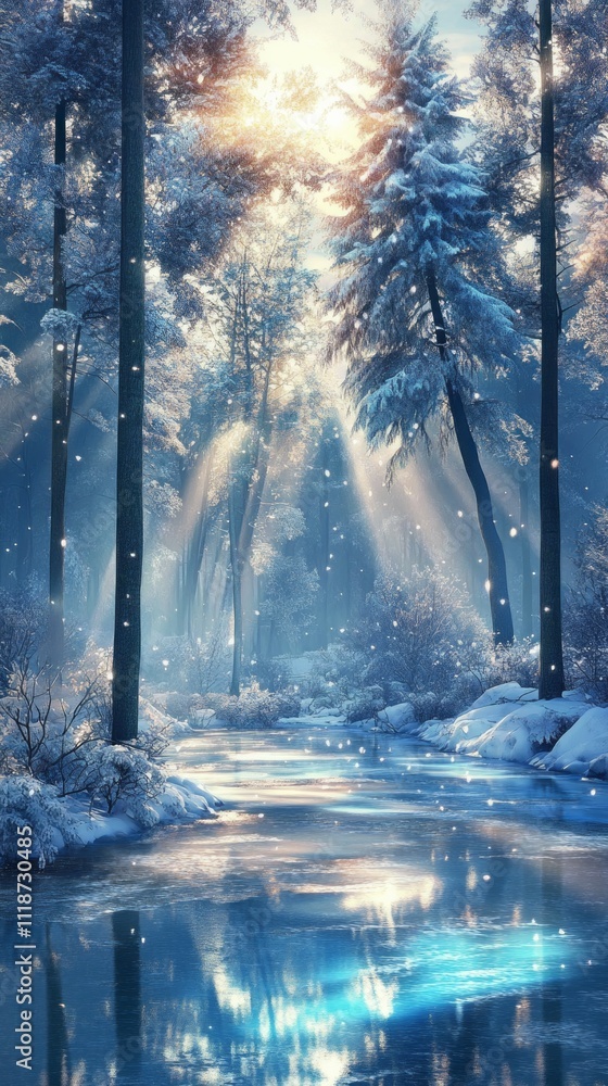Poster Sunlight breaks through the tall, frosted trees, casting a soft glow over a tranquil stream. Snowflakes dance in the air, completing this enchanting winter morning tableau