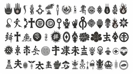 Various black symbols and icons are arranged in rows on a white background. Concept is culture and design. For art projects or design inspiration.