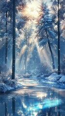 Naklejka premium Sunlight breaks through the tall, frosted trees, casting a soft glow over a tranquil stream. Snowflakes dance in the air, completing this enchanting winter morning tableau