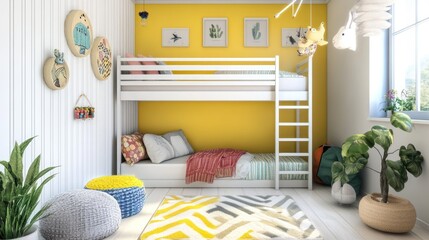 Bright yellow-walled kids' bedroom with white bunk bed, rug, plants, and wall decor.