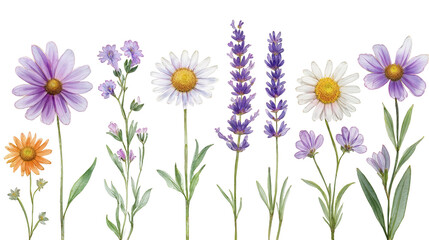 Fototapeta premium Various Species of Wildflowers Arranged in a Colorful Display Showcasing Their Unique Shapes and Vibrant Colors