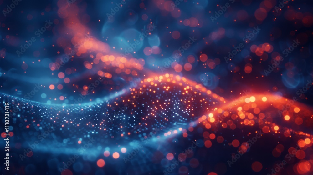 Poster wave of glowing red and blue particles flowing in a dark space. concept of digital technology and en