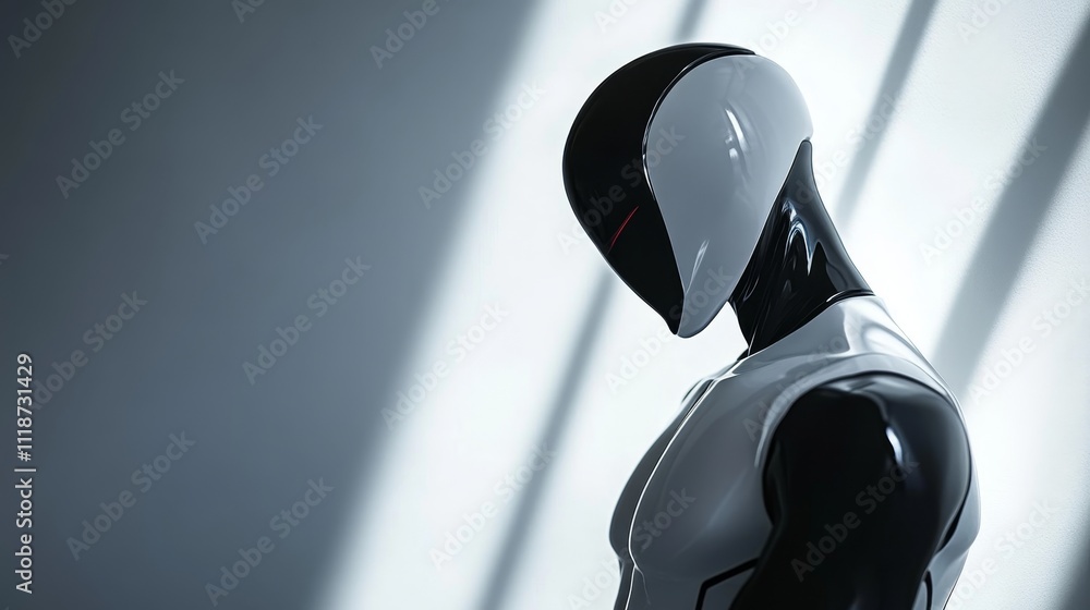 Poster a close-up image of a futuristic, white humanoid robot with finely crafted mechanical components.