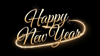 Sleek and Elegant New Year Greeting with Golden Cursive Text, Sparkles, and Light Trails on Black Background