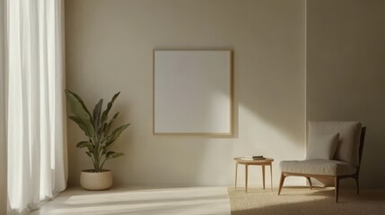 Minimalist living room interior with armchair, plant, and blank canvas.