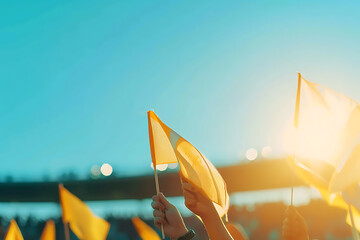 community sports event, parents cheering with flags, stopwatch ticking, united in the competitive spirit of sports day