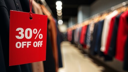Close-up of a red discount tag displaying "30% OFF" in a modern clothing store aisle. The blurred background features racks of colorful apparel, creating a vibrant and inviting shopping atmosphere.