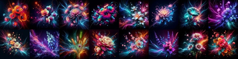 Flowers blending neon and plasma. AI generated illustration
