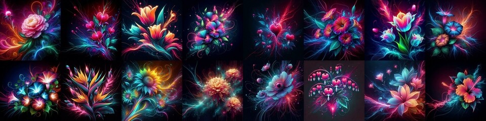 Flowers blending neon and plasma. AI generated illustration