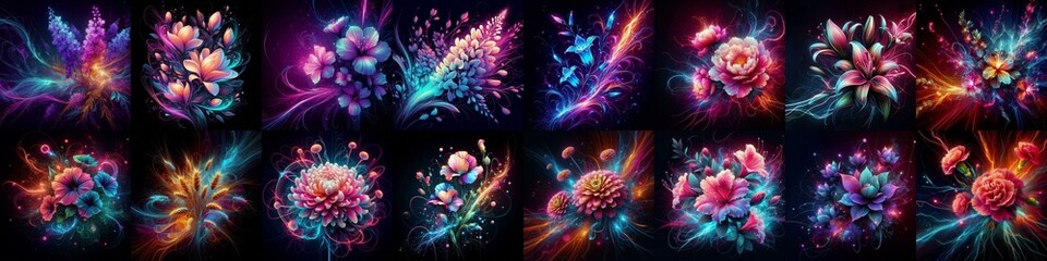 Flowers blending neon and plasma. AI generated illustration