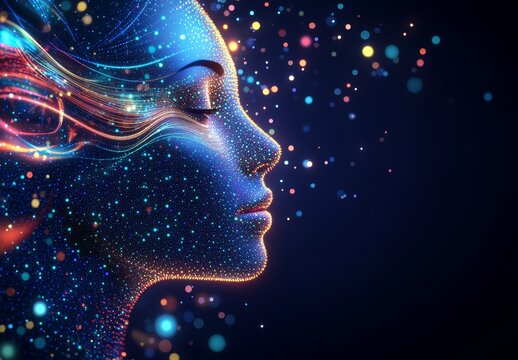 A digital visual interface in the form of an abstract human head portrait, composed of a pattern of dots. This artwork encapsulates the digital soul and the essence of the technological era.