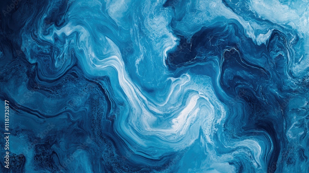 Poster abstract blue and white swirling pattern, reminiscent of ocean waves, creating a soothing and dynami