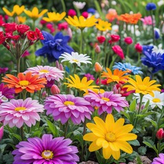 Fototapeta premium Colorful daisy flowers blooming in garden during springtime