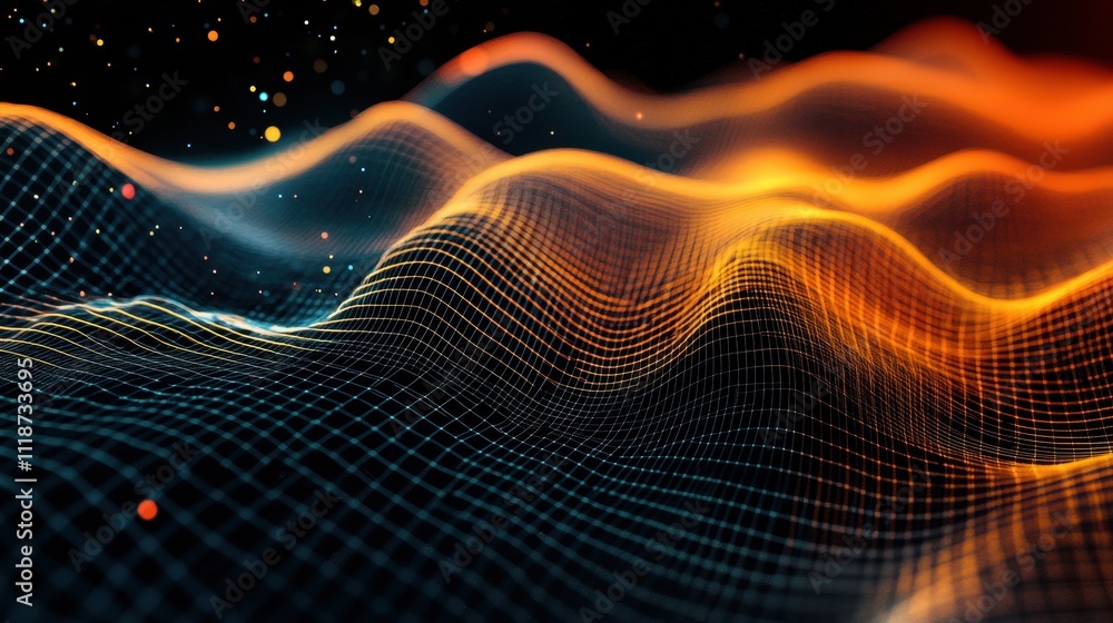 Poster abstract waves of light and color create a dynamic visual representation of data or sound.