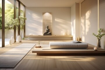 Buddha statue in a serene, minimalistic room with soft lighting and wooden flooring. Concept of tranquility and meditation space. For spa or meditation retreat photo