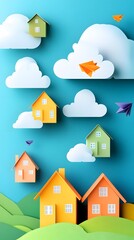 A background of colorful origami houses floating in the air, representing real estate.