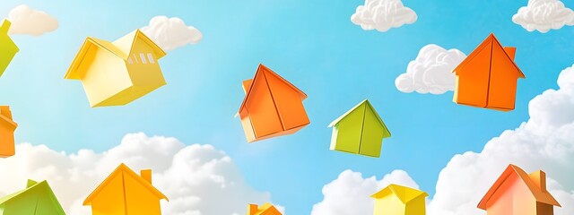 A background of colorful origami houses floating in the air, representing real estate.
