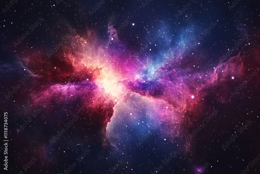 Poster a vibrant cosmic scene showcasing colorful nebulae and stars in deep space.