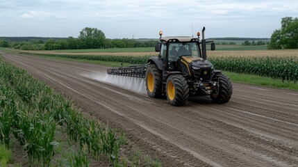 Sprayer-equipped tractor applies treatment on rows of dummy corn crops in a vast field under cloudy skies, showcasing modern farming techniques