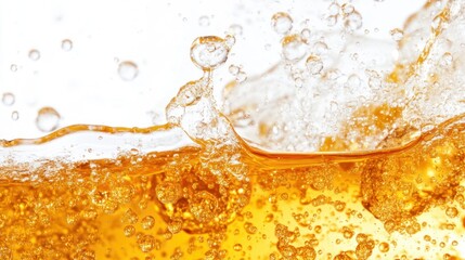 Close-up of bubbling golden liquid with splashes and bubbles.