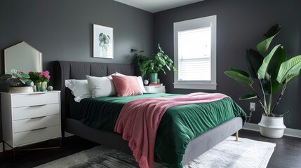 Minimalist bedroom with charcoal grey walls, emerald green bed, deep pink throw blanket, sleek white dresser, and potted plants in suburban home