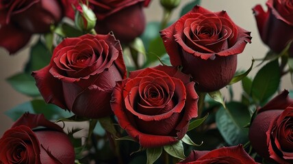 Close-up of a bouquet of deep red roses.