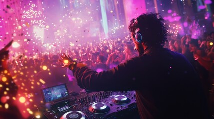 A DJ mixing music at a New Year’s Eve party, with a crowd dancing and lights flashing  