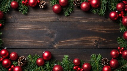 Tarjeta Navideña con bolas rojas, acompañado de ramas de pino con piñas, sobre una superficie de madera rústica y espacio para escribir