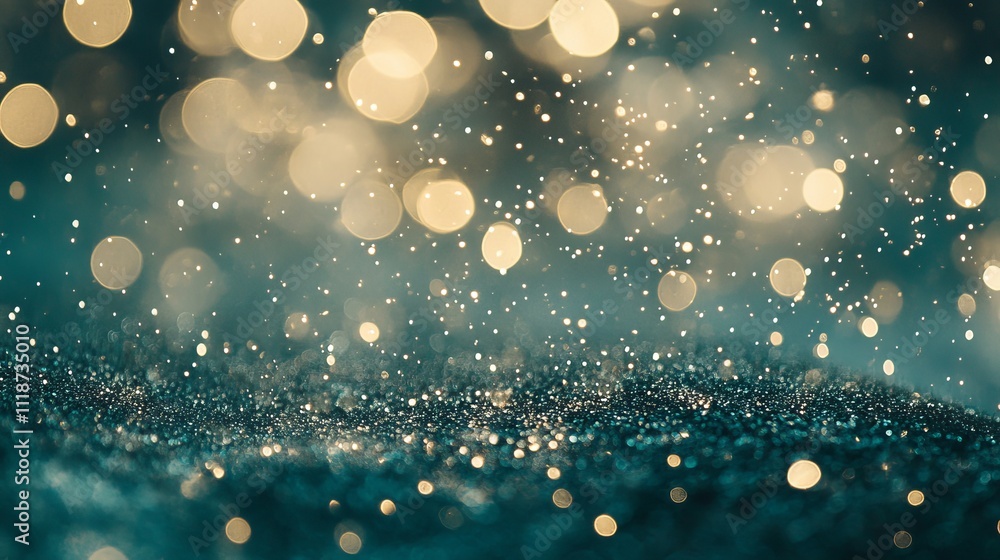 Poster golden bokeh lights or flashes with a green background