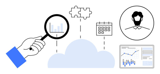 Hand with magnifying glass examining data chart, cloud, puzzle piece, calendar, and human icon. Ideal for business analysis, project management, data integration, cloud computing, planning