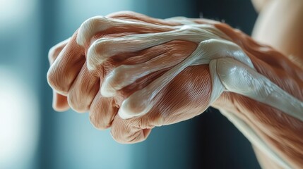 A close-up of a hand gripping something tightly, showing the tension and pain in the muscles