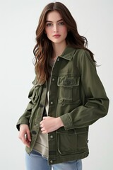 Fashionable Woman in a Green Jacket Posing on Gray Background