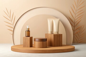 3D rendering cosmetic packaging display mockup with podium, isolated background.