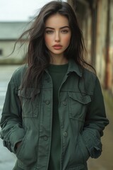 Obraz premium Woman in green jacket standing outdoors on a windy day