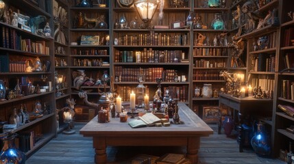 Mystical library interior with antique books, candles, and artifacts on wooden table and shelves.