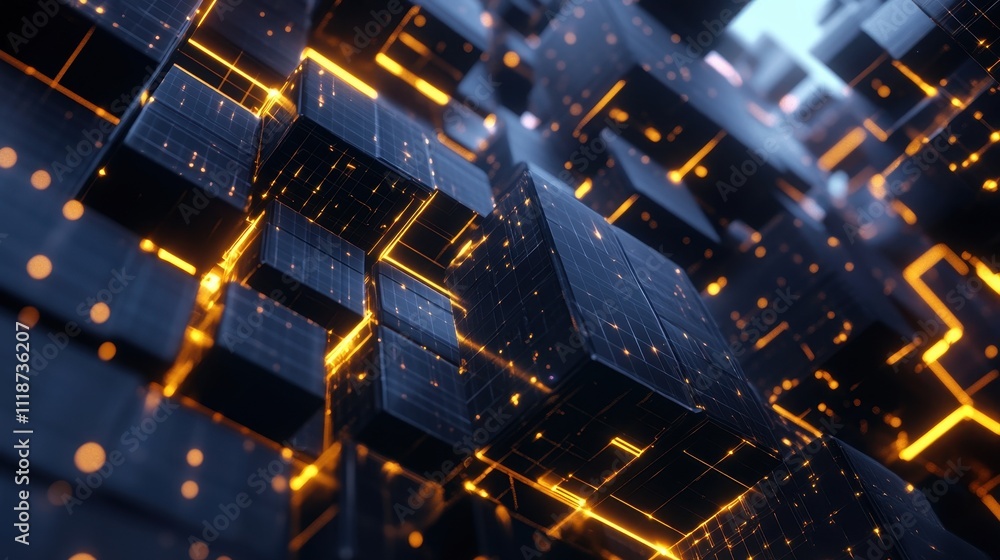 Poster a futuristic abstract representation of interconnected cubes with glowing lines.